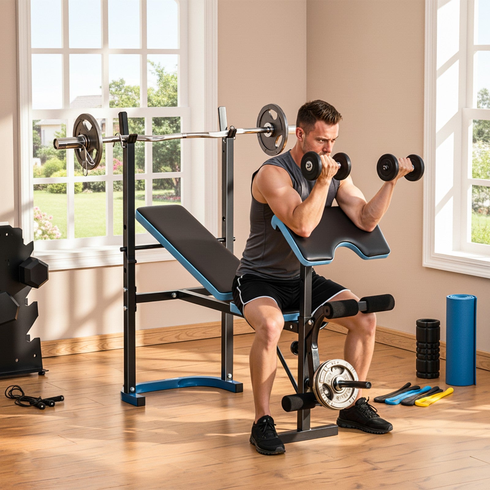 Adjustable Weight Bench with Leg Developer Barbell Rack for Home Gym Fitness